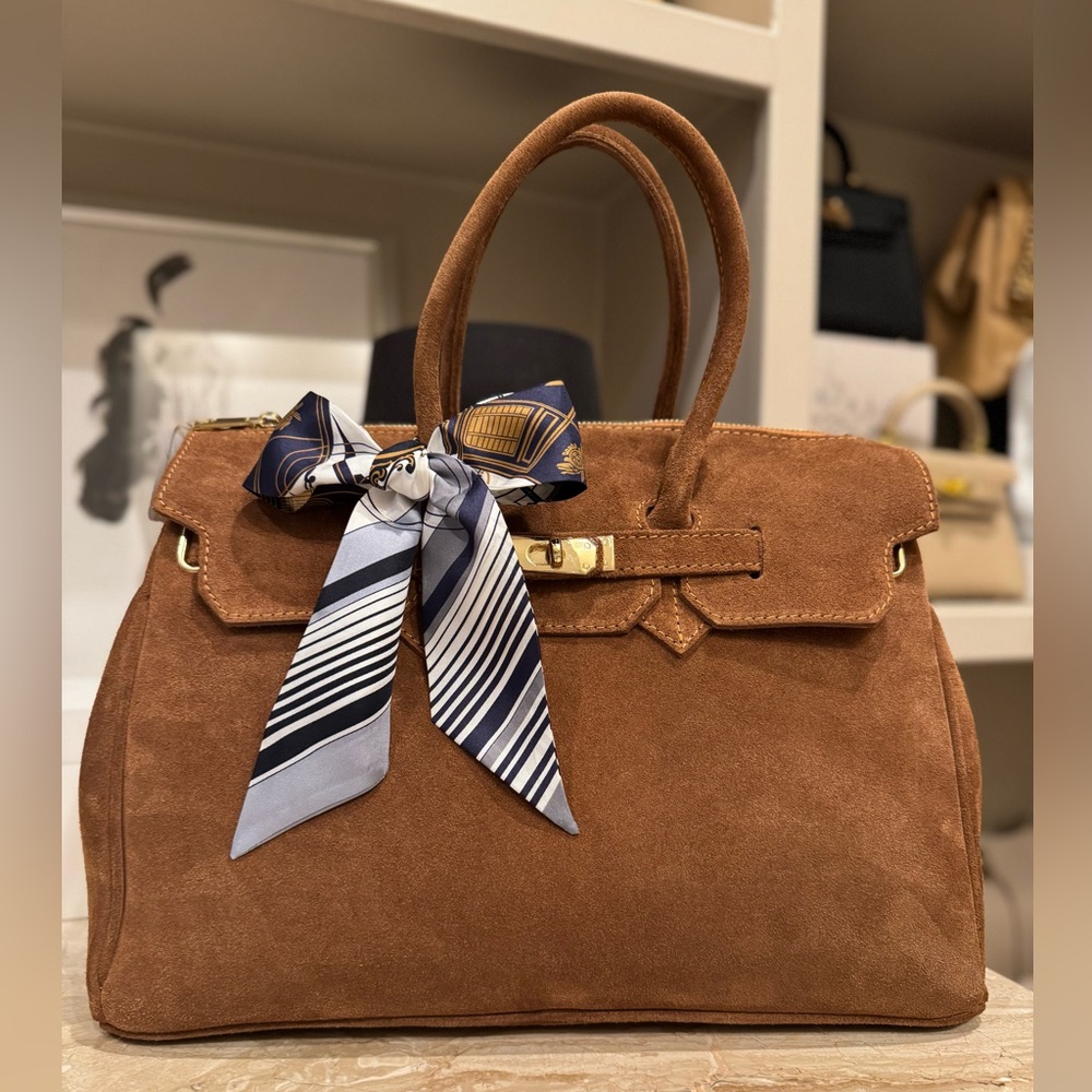Voemien NEW Elizabeth Elegant Rust /Tan Suede Handbag with Scarf Accent